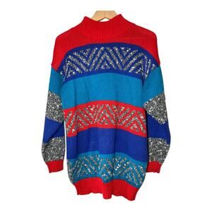 Vintage D.D. Sloane Striped Retro Sweater Tunic Medium Womens  Red Blue